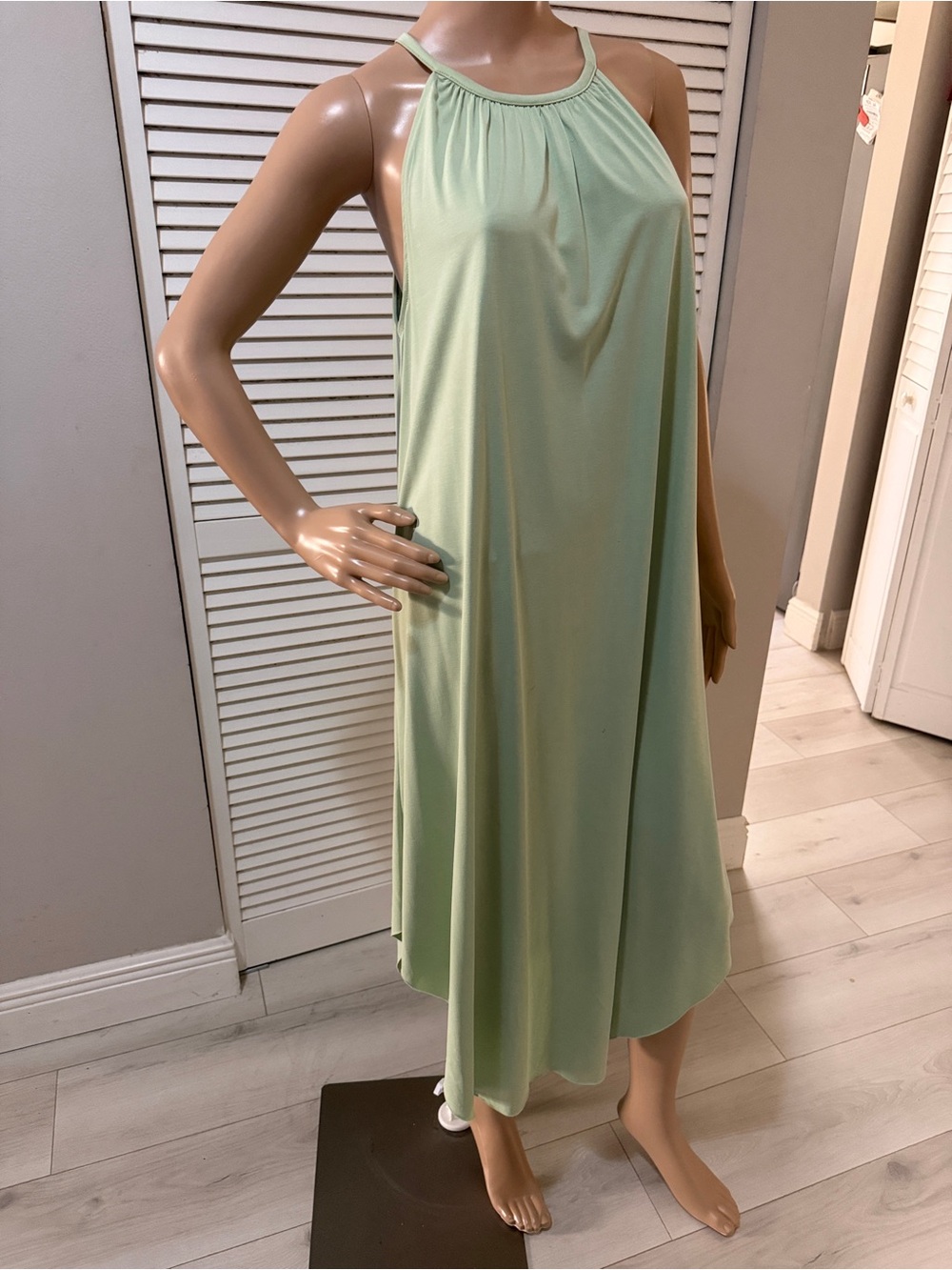 Mint Green Halter Swing Dress Open Back Flowy Midi Dress Minimalist Resort